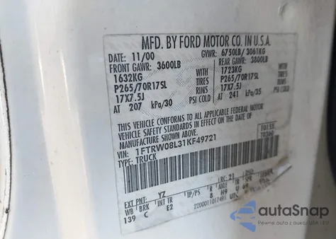 2001 Ford F-150 King Ranch Edition/Lariat/Xlt z USA, uszkodzony, nr VIN 1FTRW08L31KF49721